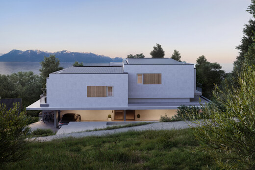 outdoor house at dusk with stucco siding
