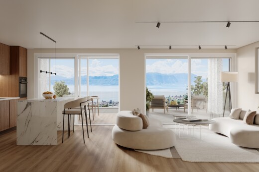 living / dining area with light wood-style flooring, healthy amount of natural light, and a water and mountain view
