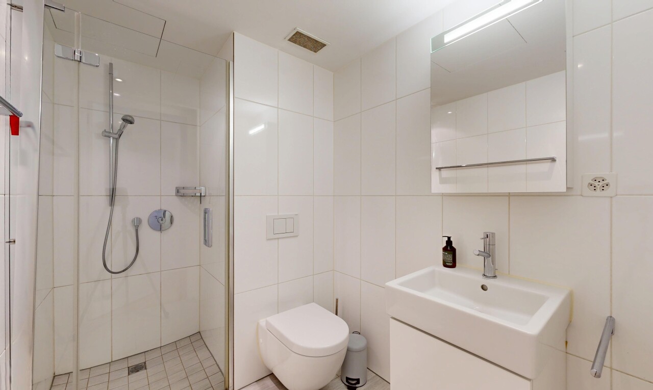 bad mit komplettes badezimmer, dusche, spiegel, fliesenwand, und tile wall
