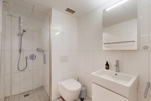 bad mit komplettes badezimmer, dusche, spiegel, fliesenwand, und tile wall