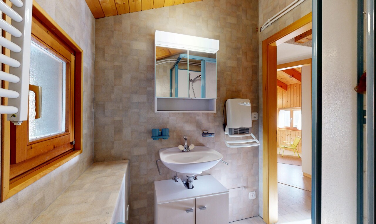 bad mit spiegel, inside property, schminktisch, waschbecken, und vaulted ceiling