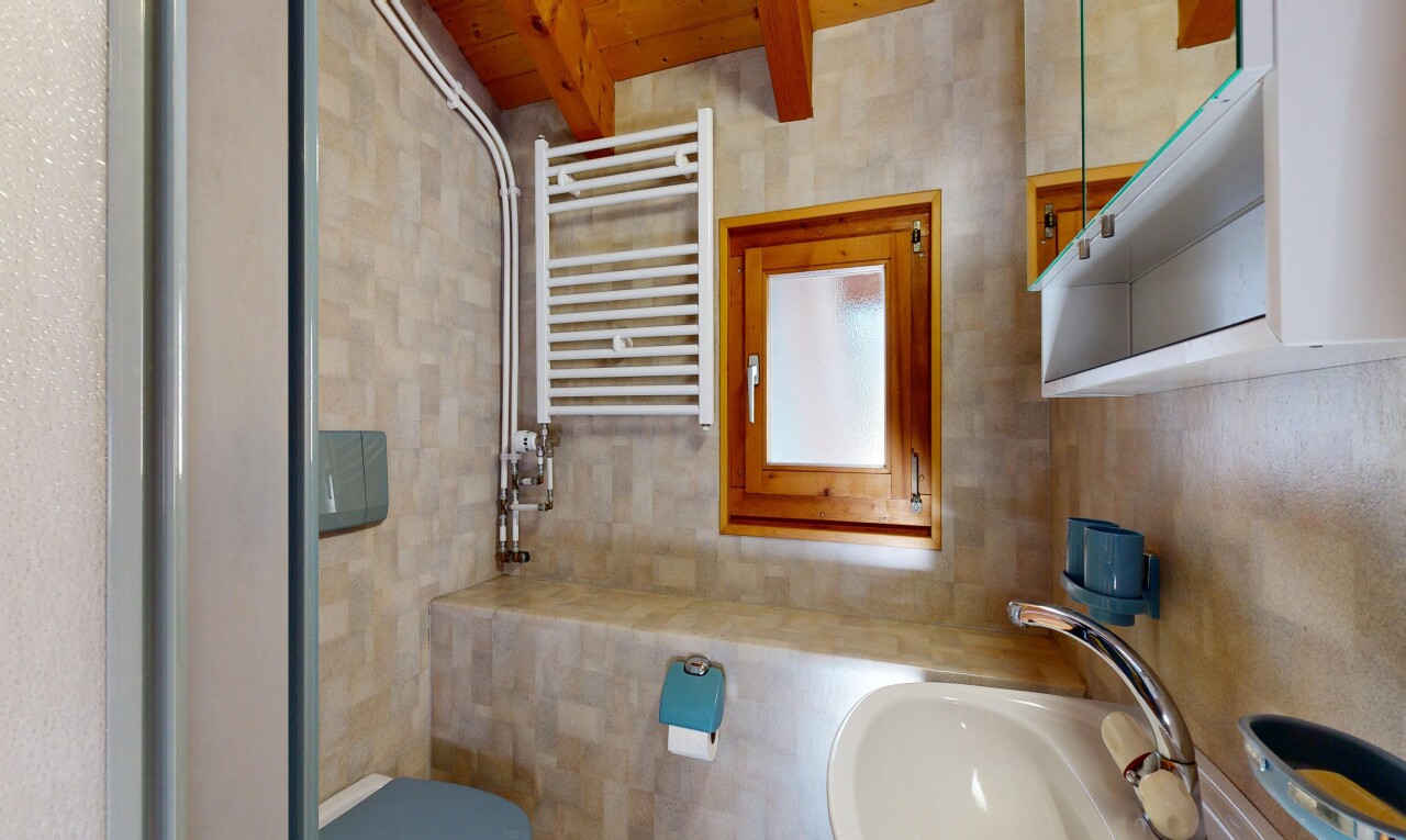 bad mit kühler, inside property, handtuchwärmer, waschbecken, und spiegel