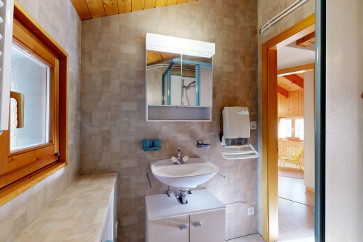 bad mit spiegel, inside property, schminktisch, waschbecken, und vaulted ceiling