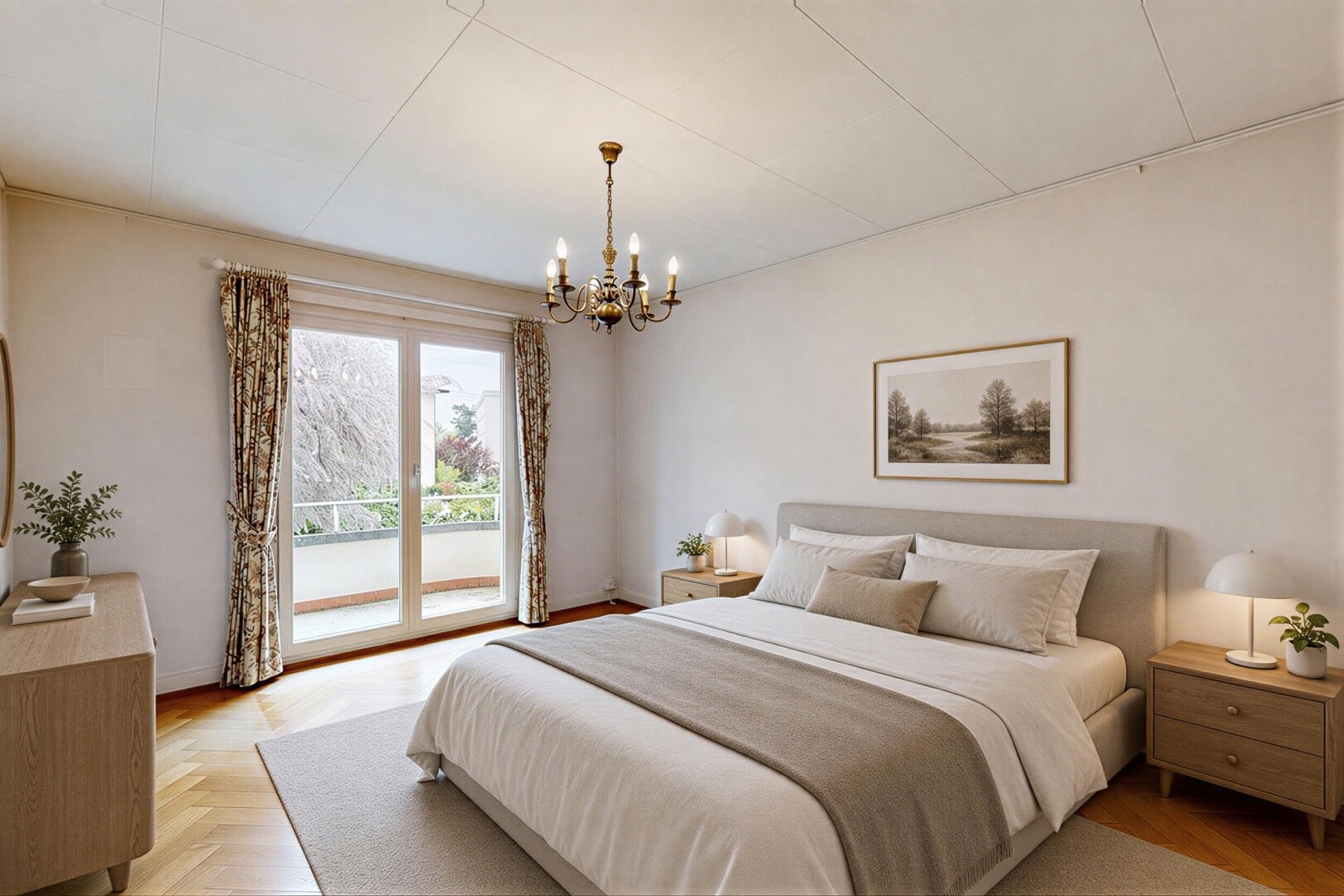 empty room featuring suspended lighting and parquet flooring