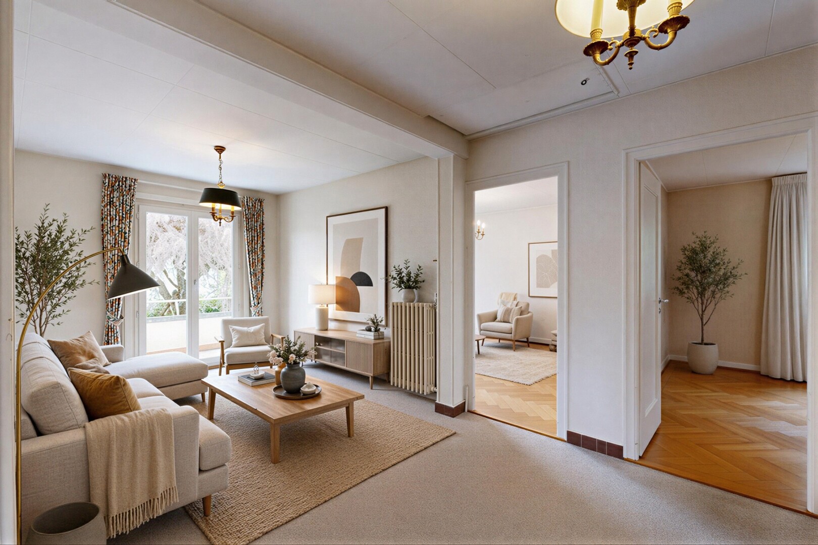 unfurnished room featuring radiator, light colored carpet, and parquet floors