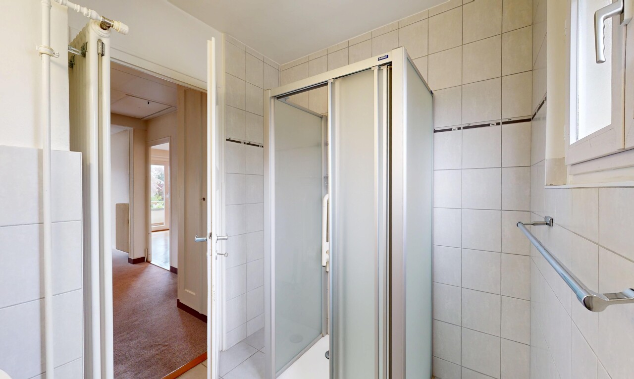 bathroom with a stall shower