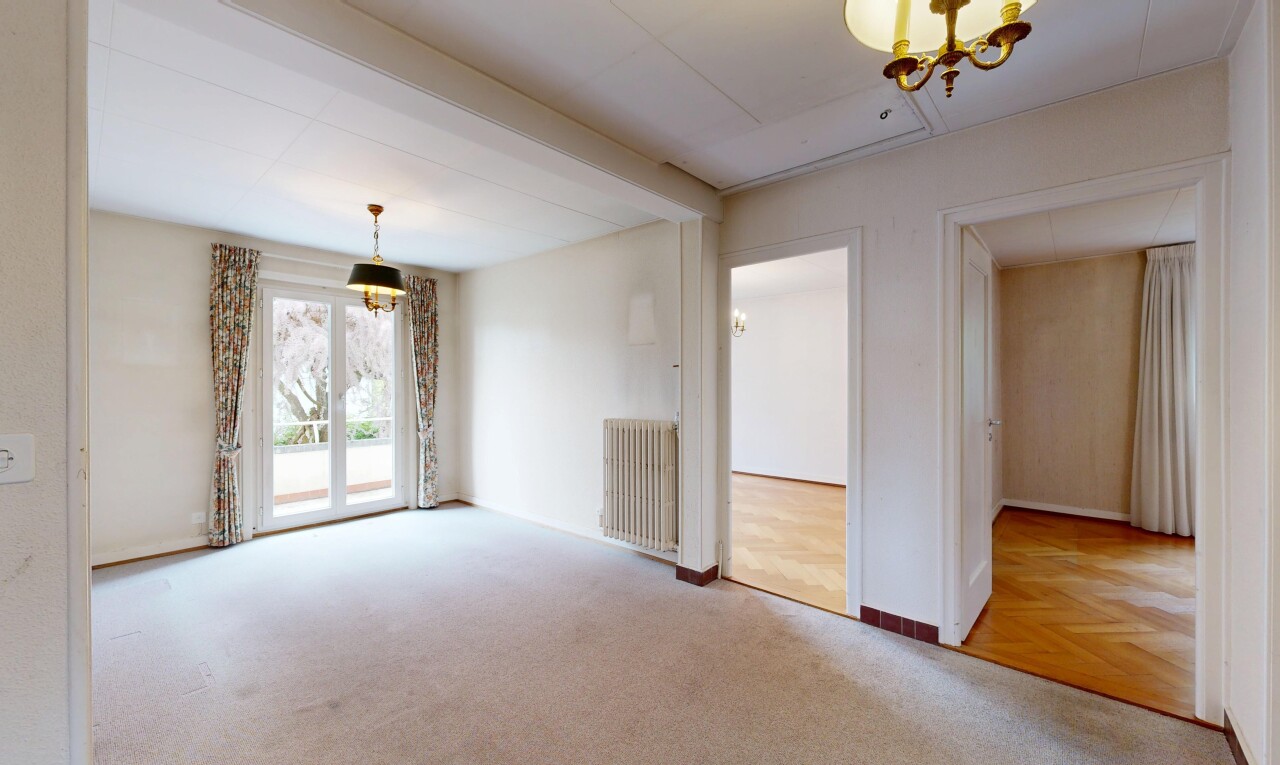 unfurnished room featuring radiator, light colored carpet, and parquet floors