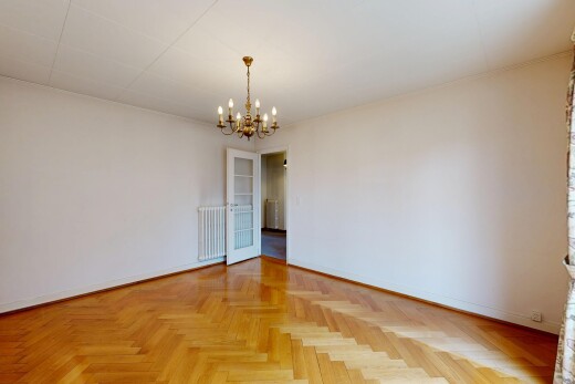 leerer raum mit bemerkenswerter kronleuchter, parquet floor, holzfußboden, wood finish floor, und gipskartonwand