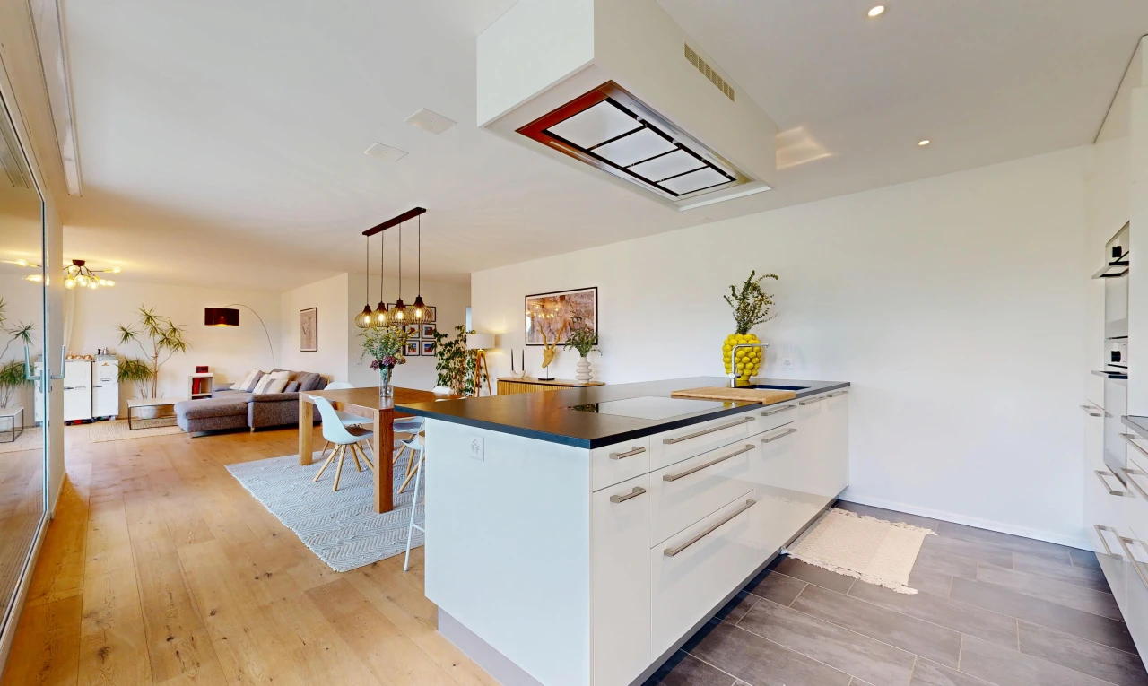 küche mit flat panel cabinets, schränke mit flachen paneelen, white cabinets, weiße schränke, und dark countertops