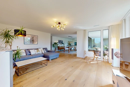 wohnzimmer mit fernseher, wood finish floor, holzfußboden, drywall, und gipskartonwand