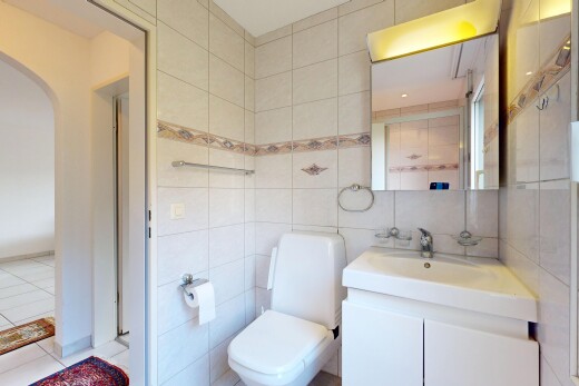 bad mit spiegel, schminktisch, fliesenwand, tile wall, und inside property