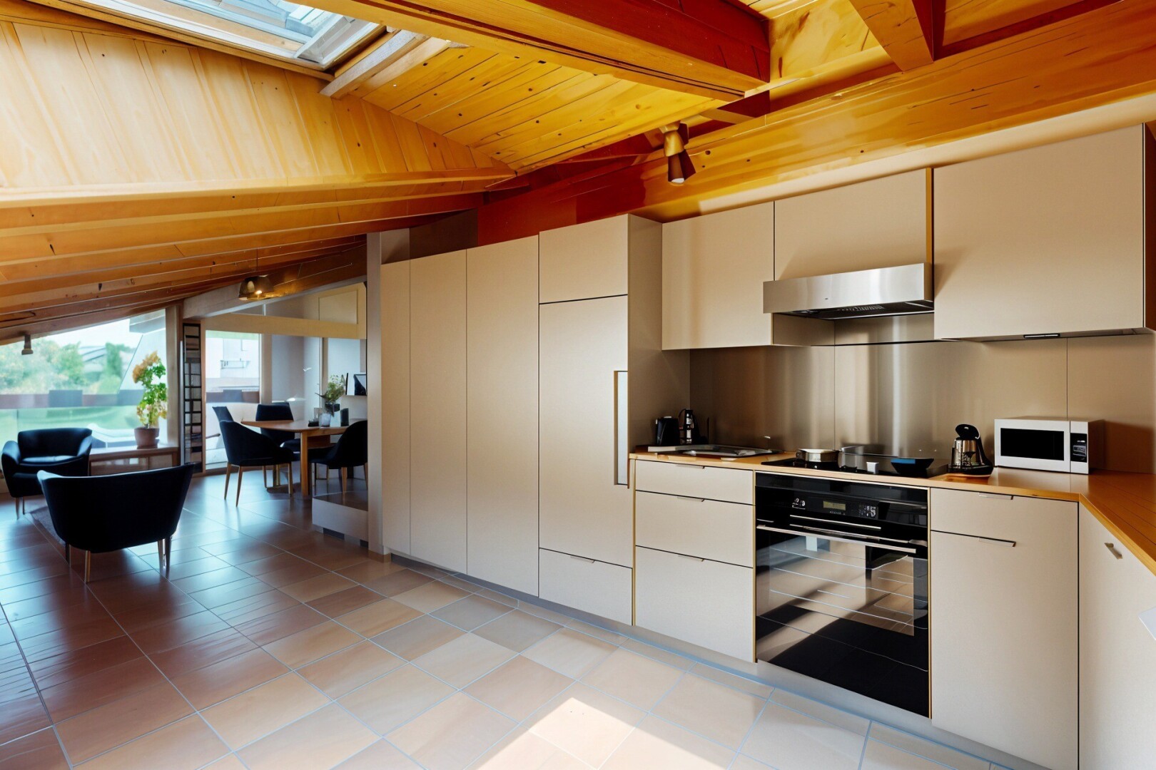 cuisine avec four, micro-ondes, hotte, lumière naturelle, et natural light