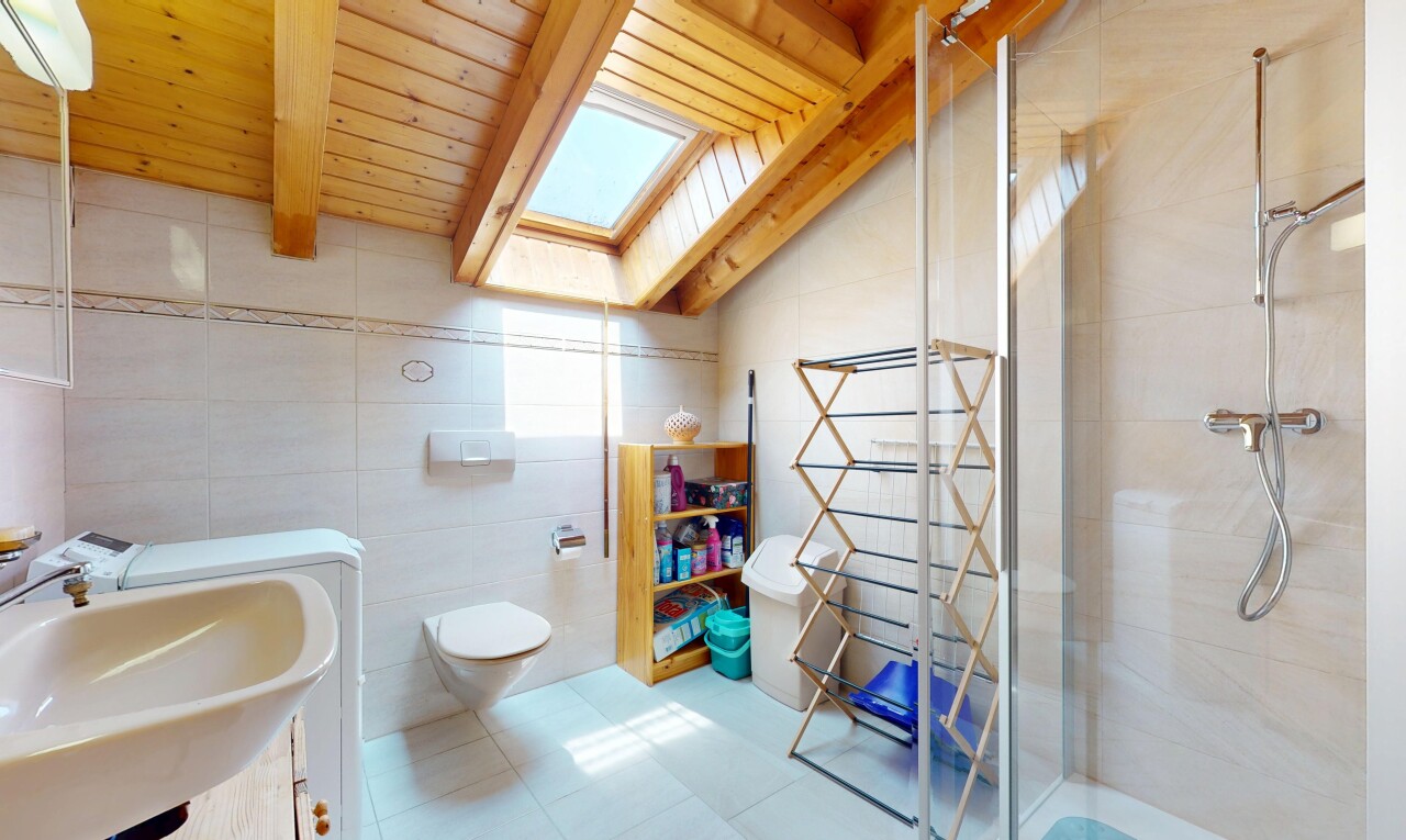 salle de bains avec inside property, douche, puits de lumière, évier, et salle de bain complète