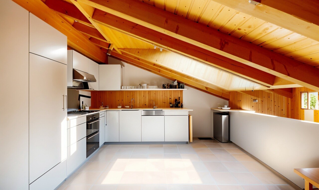 cuisine avec inside property, hotte, armoires blanches, vaulted ceiling, et plafond voûté