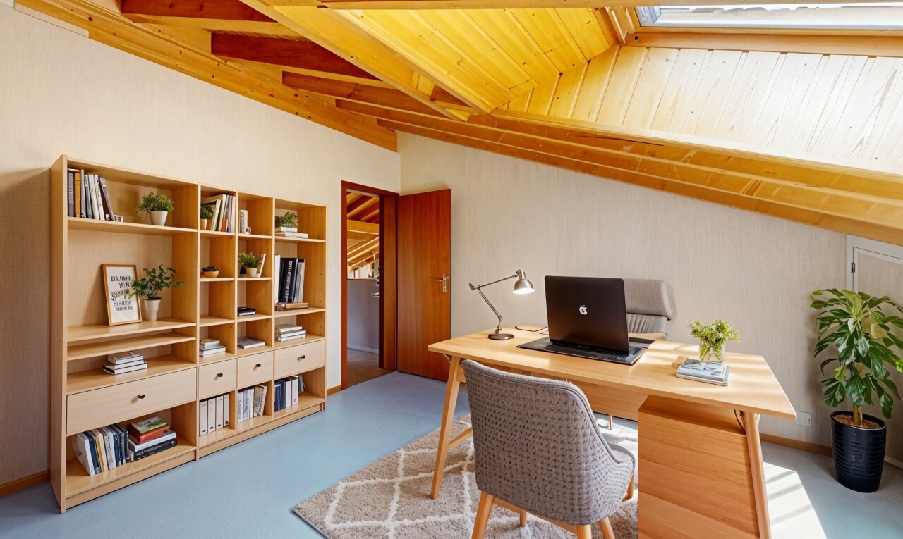 bureau avec inside property, finished concrete floor, concrete floor, sol en béton, et wood ceiling