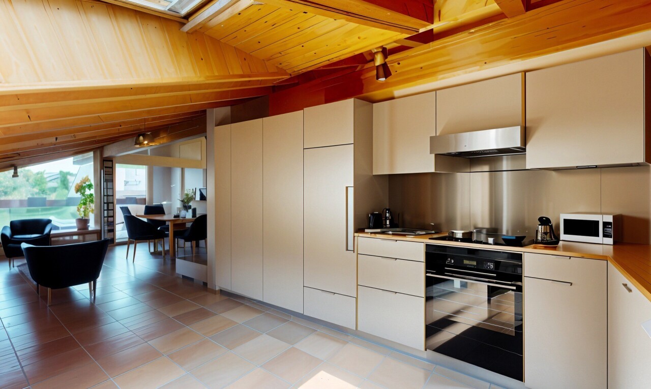 cuisine avec four, micro-ondes, hotte, lumière naturelle, et natural light