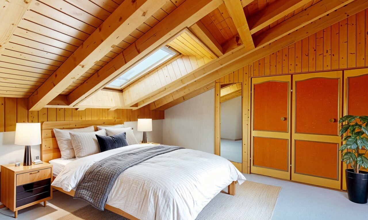 chambre avec pièce supplémentaire, plafond voûté, vaulted ceiling, inside property, et plafond à poutres