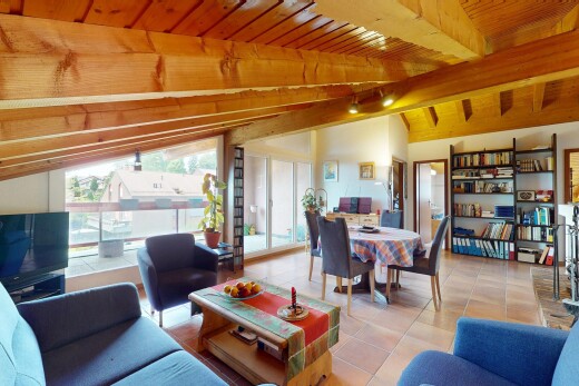 salon / salle à manger avec télévision, plafond en bois, wood ceiling, inside property, et lumière naturelle