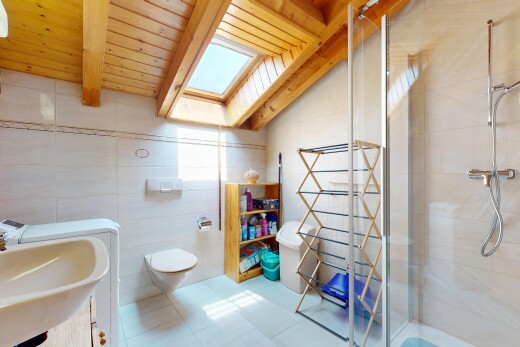 salle de bains avec inside property, douche, puits de lumière, évier, et salle de bain complète
