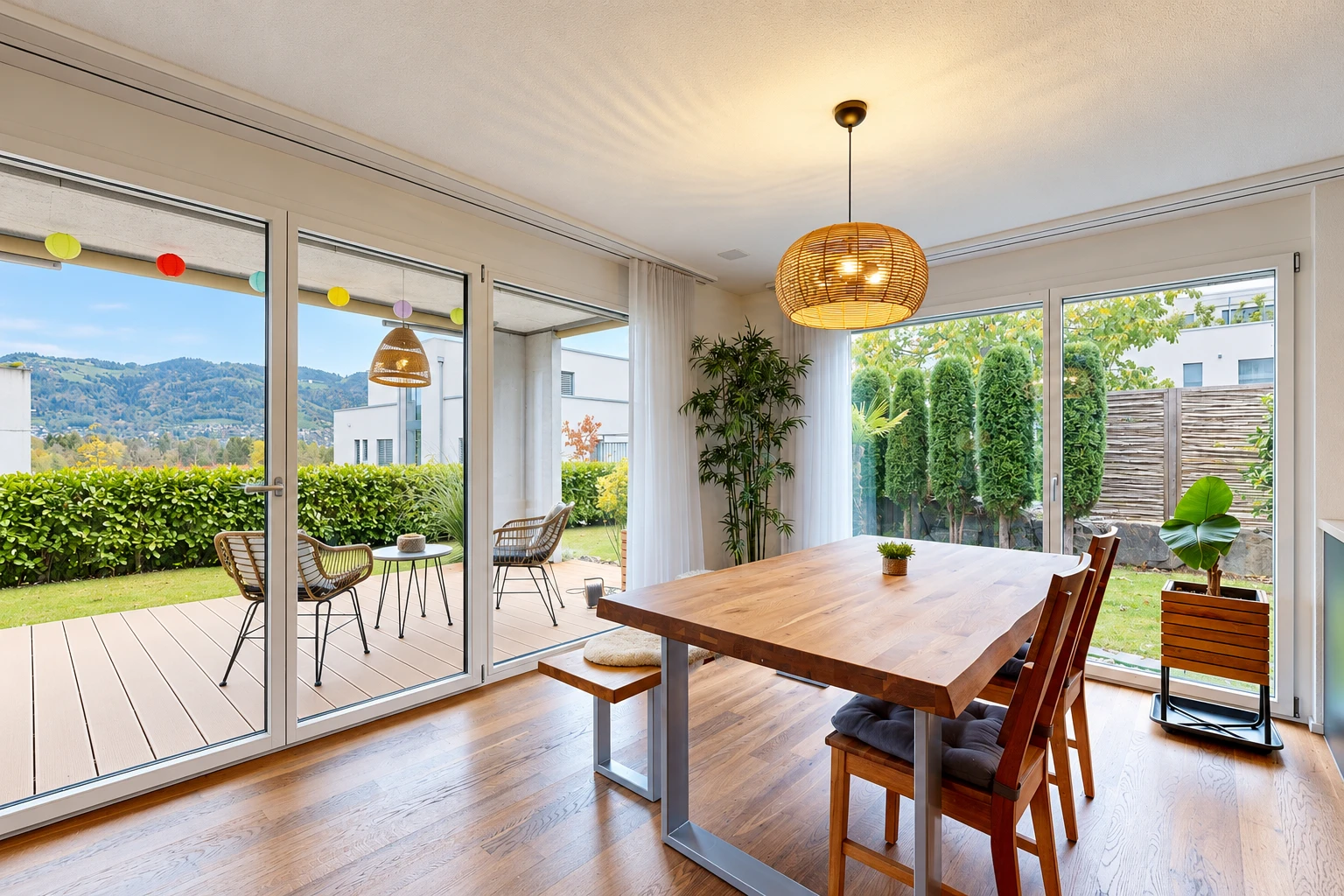 dining room featuring access to outside, pendant lighting, wood finished floors, and a mountain view