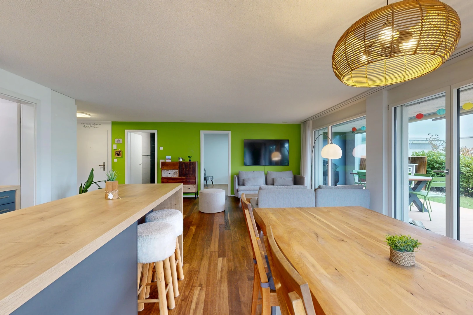 dining space with hanging light fixtures, access to outside, and dark wood finished floors