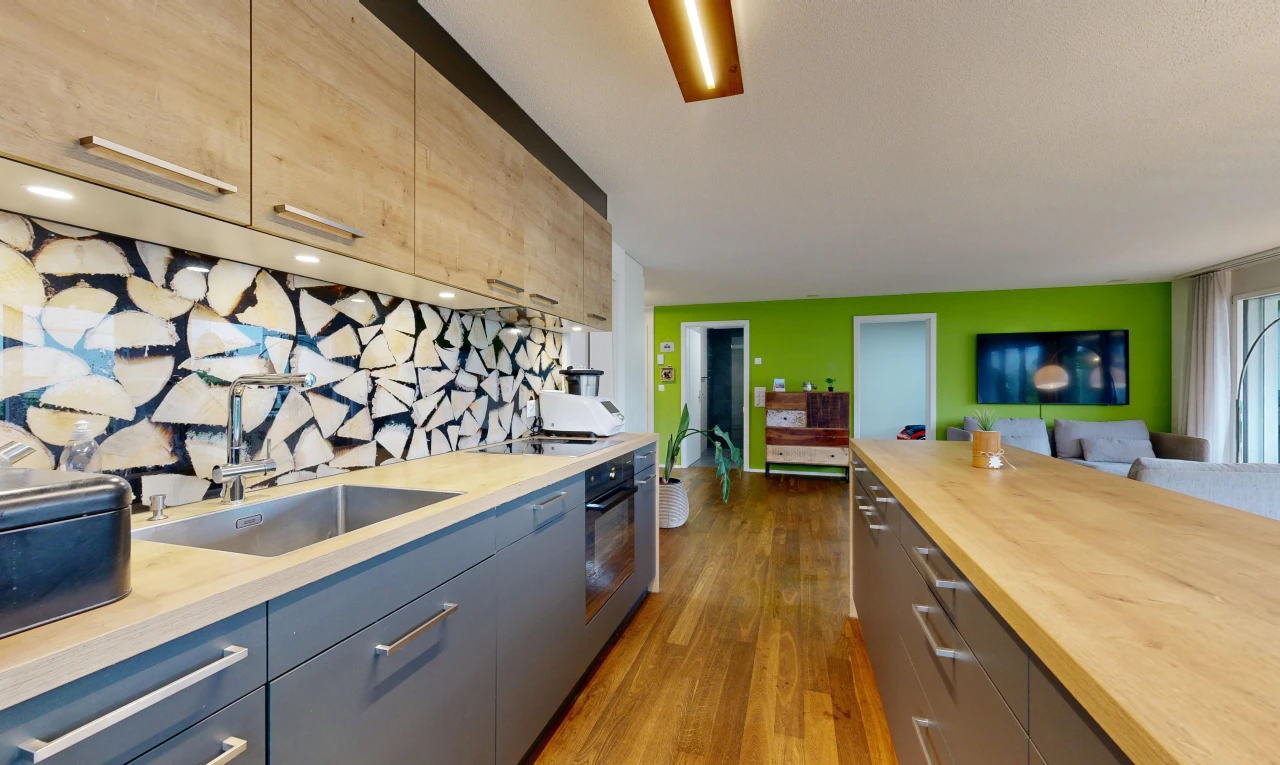 kitchen with modern cabinets, open floor plan, wooden counters, dark wood-style flooring, and black oven