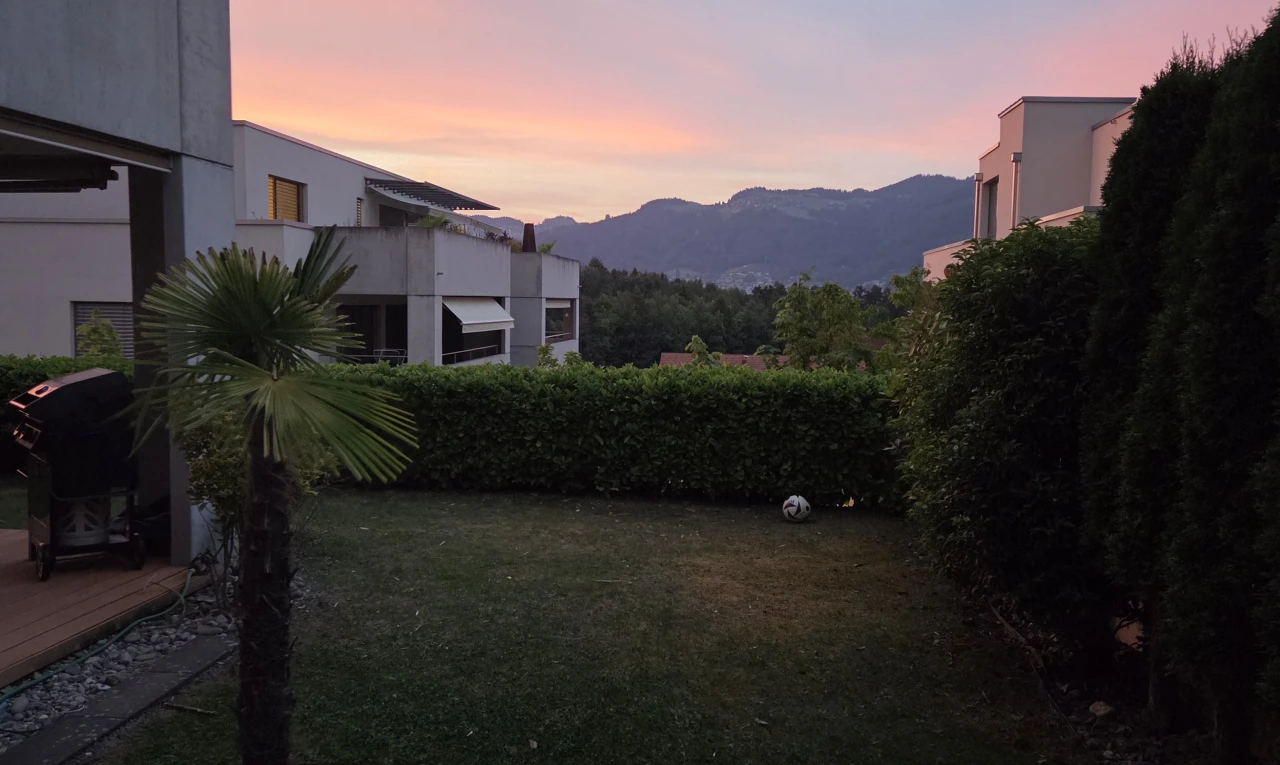 garden at dusk with a mountain view and a lawn