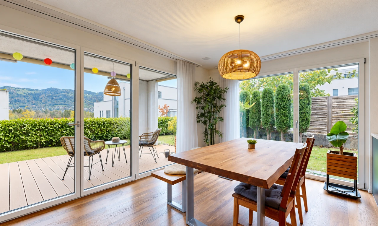 dining room featuring access to outside, pendant lighting, wood finished floors, and a mountain view