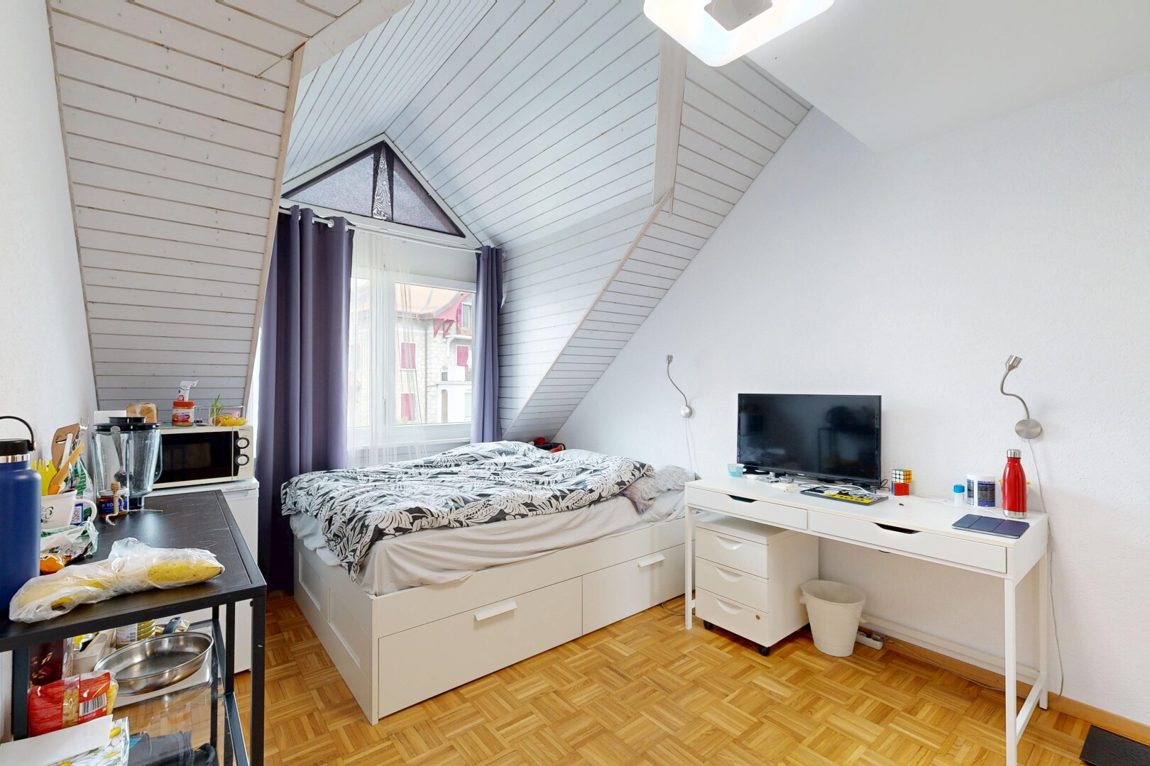 room featuring parquet floors, a vaulted wood ceiling, and an office area