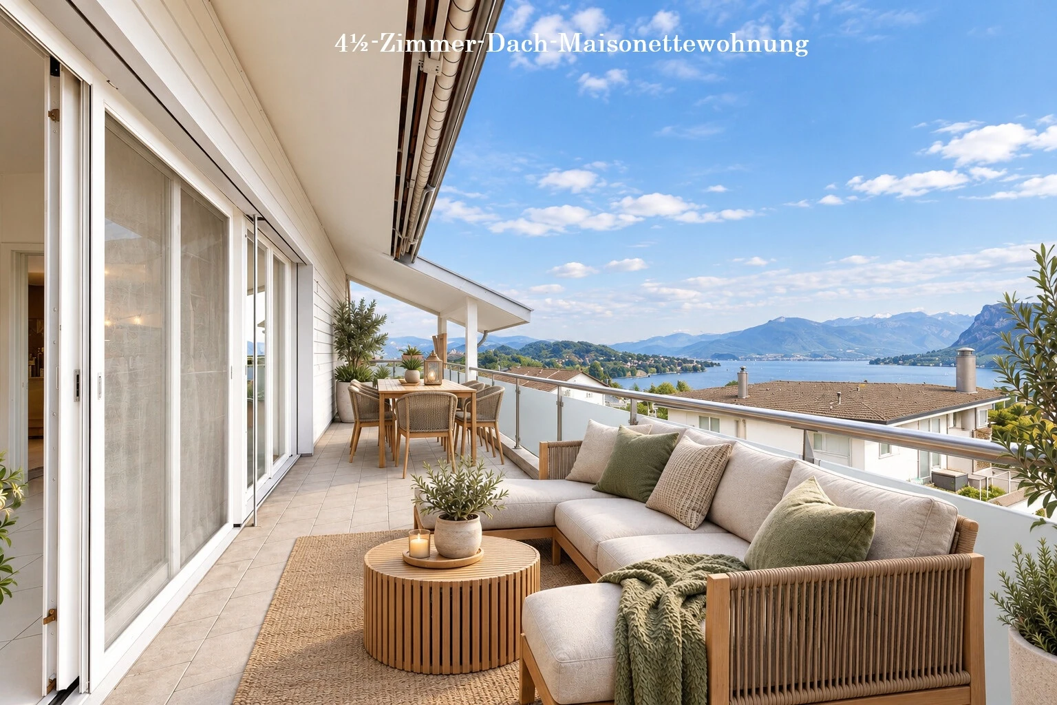 terrasse avec mountain view, vue sur la montagne, coin repas extérieur, view focus, et virtually staged