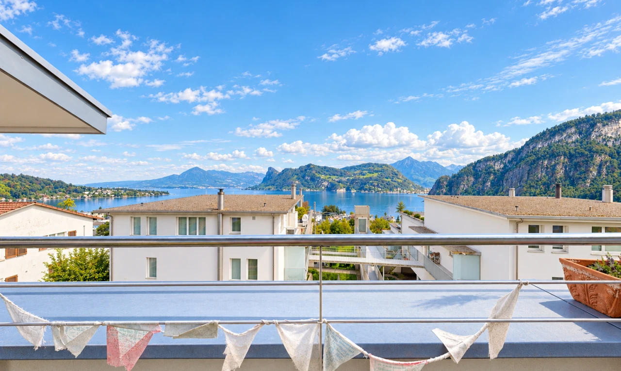 terrasse mit blick auf die berge, mountain view, day time, view focus, und seesicht
