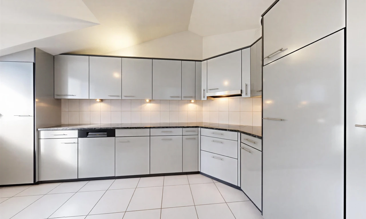 kitchen featuring vaulted ceiling, light tile patterned floors, tasteful backsplash, and gray cabinets