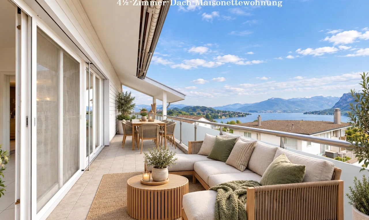 terrasse avec mountain view, vue sur la montagne, coin repas extérieur, view focus, et virtually staged