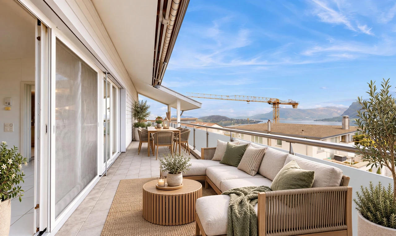patio / terrace with outdoor lounge area, a mountain view, and a balcony