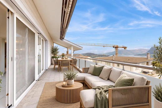 patio / terrace with outdoor lounge area, a mountain view, and a balcony