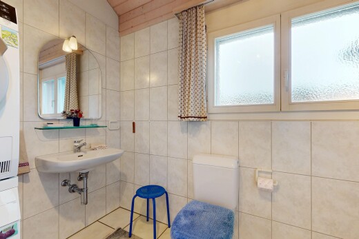 salle de bains avec miroir, toilette, tile wall, mur en carrelage, et natural light