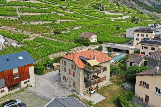 façade avec vue sur le verger/agriculture, orchard / agricultural view, bardage en pierre, vue rurale, et rural view