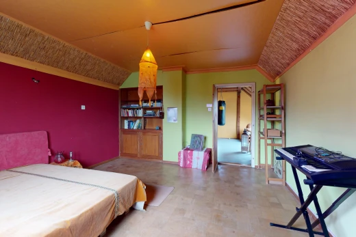 room / bedroom featuring crown molding and vaulted ceiling