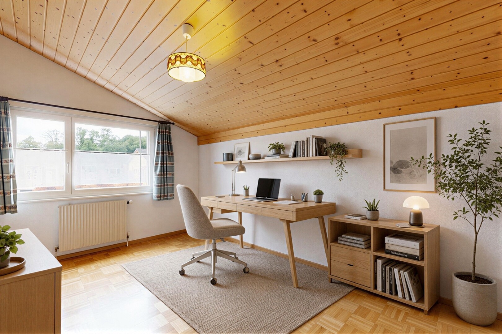 bureau avec plafond en bois, wood ceiling, parquet floor, plafond voûté, et vaulted ceiling