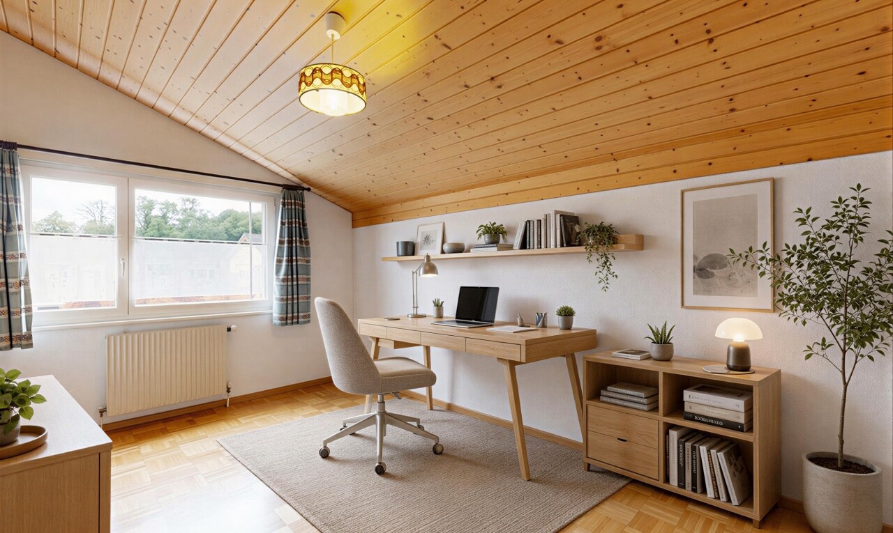 bureau avec plafond en bois, wood ceiling, parquet floor, plafond voûté, et vaulted ceiling