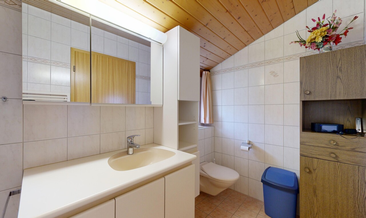 salle de bains avec mur en carrelage, tile wall, miroir, lavabo (ou coiffeuse selon le contexte), et évier