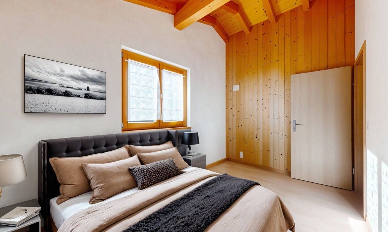 chambre avec natural light, lumière naturelle, inside property, beamed ceiling, et plafond à poutres