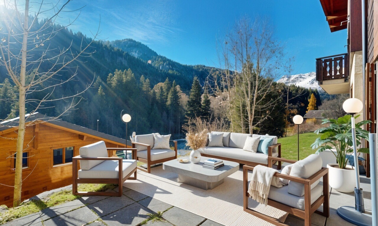 terrasse avec vue sur la montagne, mountain view, day time, from property, et virtually staged