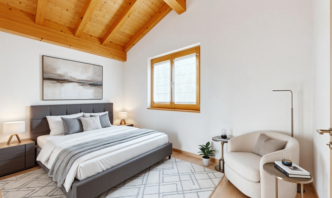 chambre avec beamed ceiling, plafond à poutres, wood finish floor, sol en finition bois, et inside property