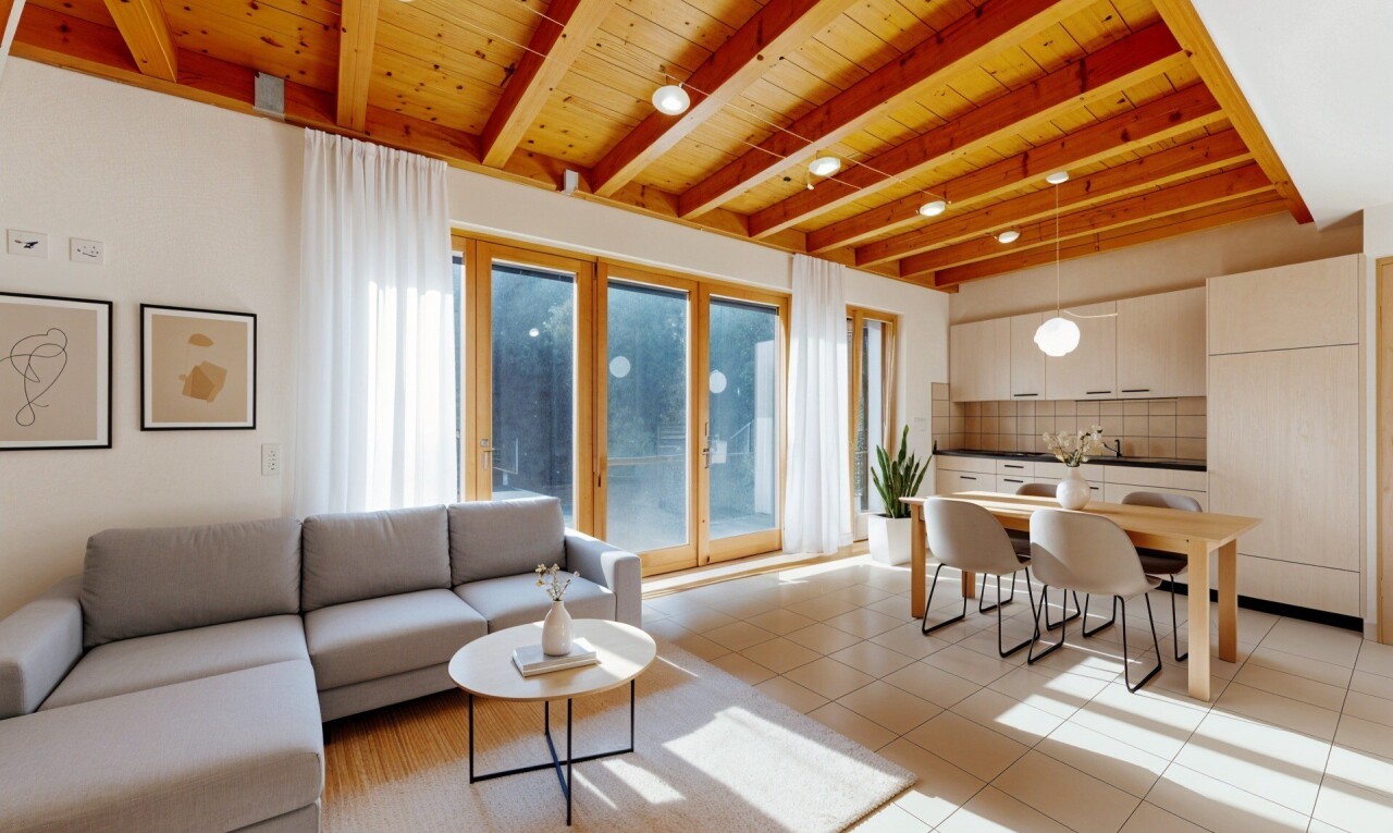 salon / salle à manger avec beamed ceiling, plafond à poutres, natural light, lumière naturelle, et inside property