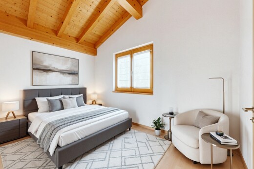 chambre avec beamed ceiling, plafond à poutres, wood finish floor, sol en finition bois, et inside property