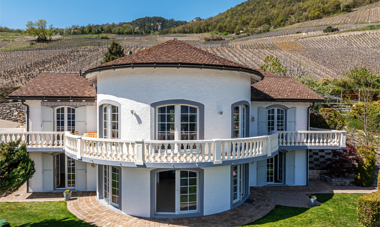außenansicht mit terrasse, property visible, stuckverkleidung, rasen, und day time