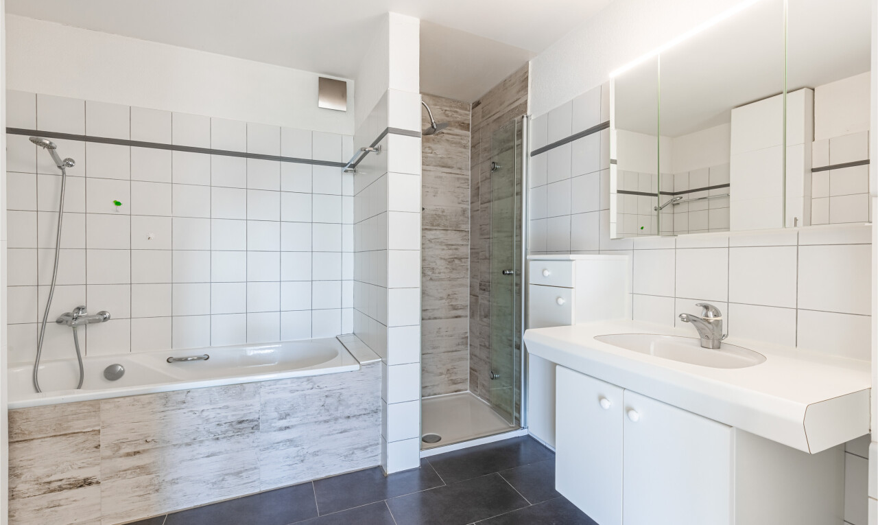 salle de bains avec douche, bain, lavabo (ou coiffeuse selon le contexte), salle de bain complète, et miroir