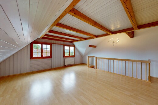 leerer raum mit holzfußboden, wood finish floor, natürliches licht, natural light, und dachschräge