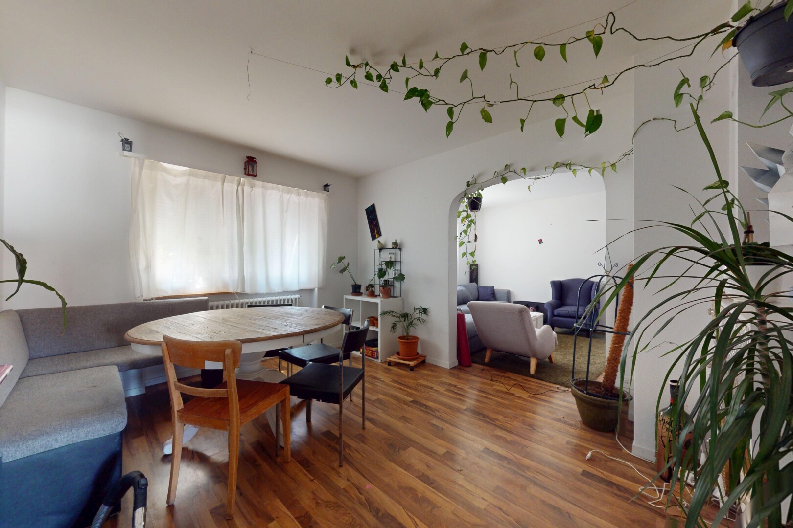 wohn- / esszimmer mit holzfußboden, wood finish floor, inside property, natürliches licht, und natural light